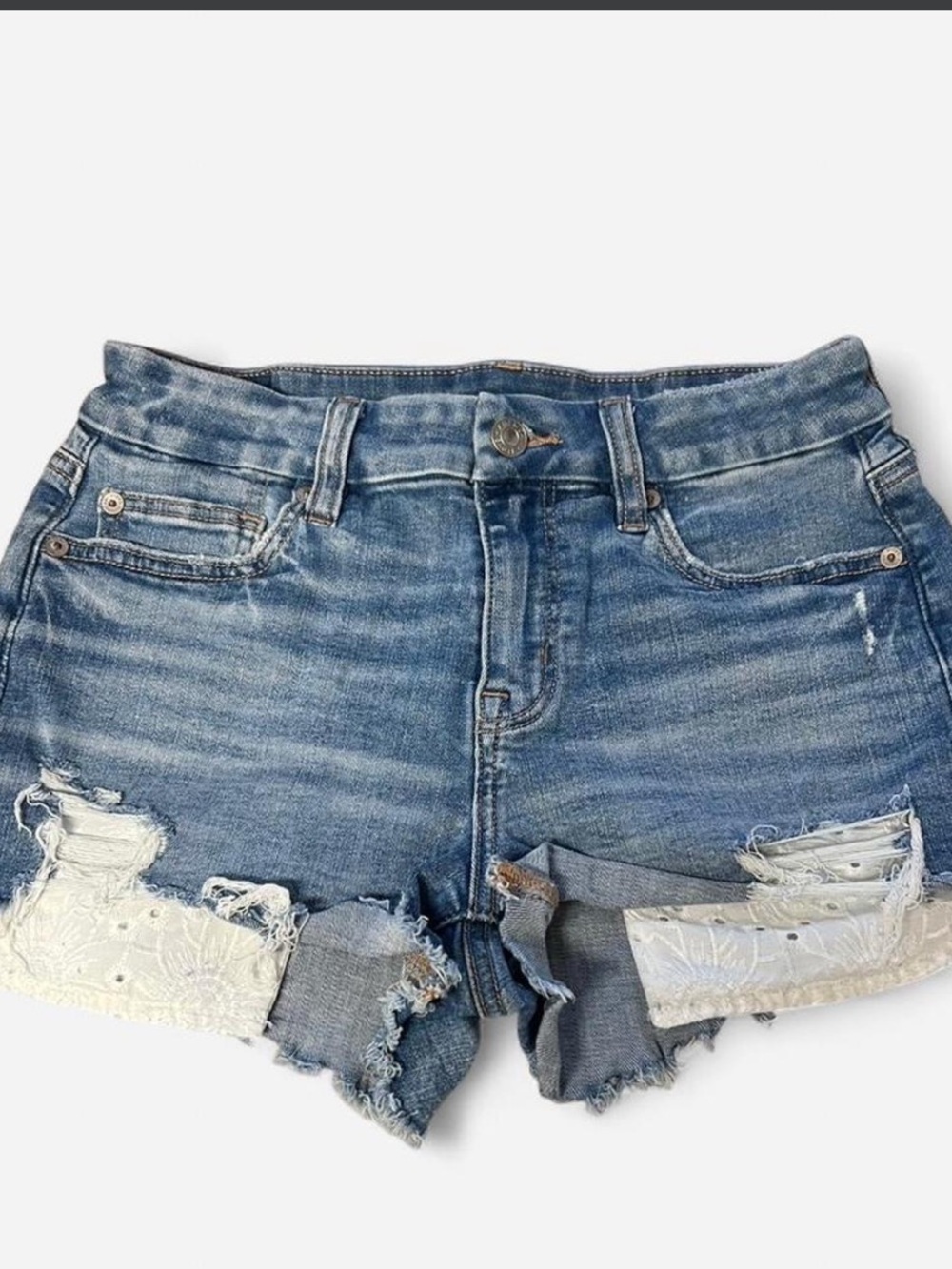 American Eagle Outfitters Faded Blue Denim Shorts with Lace Patch